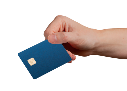A hand holding a blue bank card with an embedded chip against a clean background..