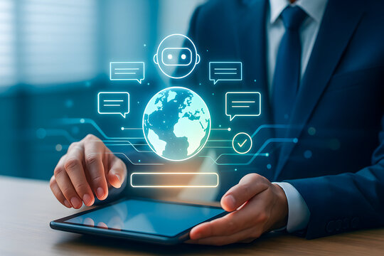 Global AI chatbot communication and customer support on digital tabletbusinessman holding tablet with social network icons