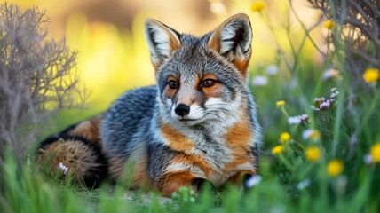 Obraz premium A beautiful fox rests among vibrant flowers and greenery, showcasing its detailed fur and striking features in a serene natural setting.