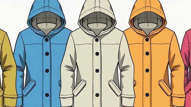 Collection of Hooded Raincoats Displayed in a Row, Vibrant and Stylish Outerwear for Protection Against Rain and Cold Weather