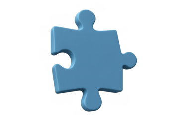 Blue puzzle piece representing solution, problem solving, teamwork, connection, and strategy on transparent background