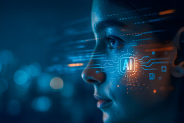 Futuristic woman face with artificial intelligence digital interface
