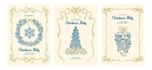 Whimsical hand-drawn Christmas invitation card with Christmas tree, wreath, Christmas elements.. Happy holiday greeting vector card, illustration for celebratory event announcement