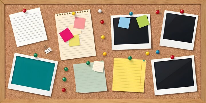 Corkboard collage notes photo frames reminders pinned papers message board organization office planning creative layout