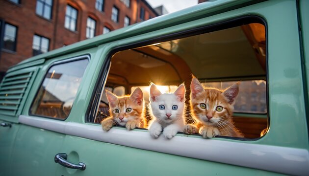 Cute Three Kittens Peeking Out of a Vintage Van Window Adorable