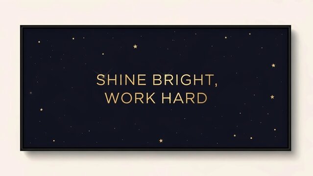 Inspirational quote shine bright, work hard in elegant gold typography on a dark navy blue background with subtle sparkling stars, perfect for motivation and success themes