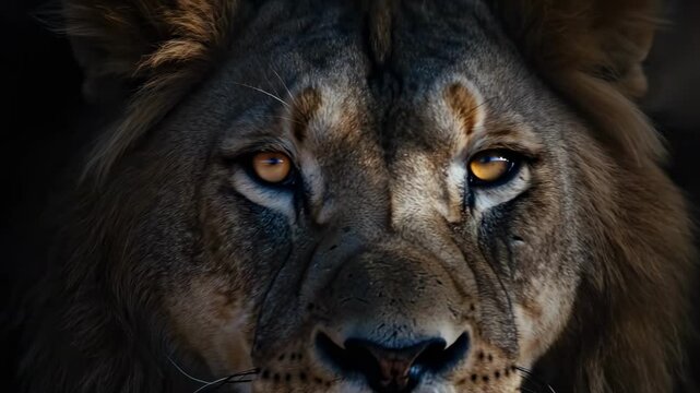 Close-up of a lion's face with a calm expression, mane framing a dark, shadowed background, at dusk!