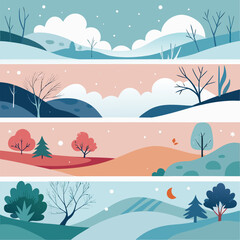 Obraz premium Four stylized winter and autumn landscape banner designs in flat style