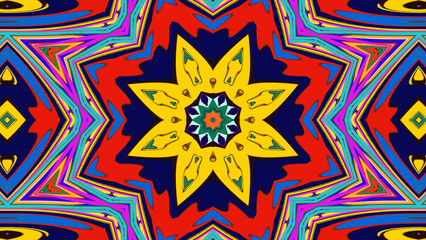 Vivid kaleidoscope design featuring abstract geometric shapes with a vibrant multicolored palette.