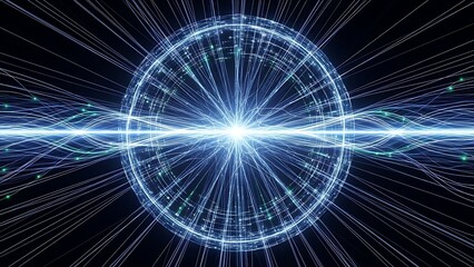 &ldquo;circular burst of bright neon rays forming radiant sci-fi energy field, glowing digital light rings and dynamic motion lines