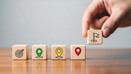 Achieve goals with wooden block icons, illustrating milestones and business success, a strategy for reaching targets and destinations with focus and direction