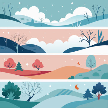 Four stylized winter and autumn landscape banner designs in flat style