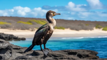 A cormorant perched on rocky terrain by a beach, showcasing its unique plumage against a backdrop of turquoise waters and a clear blue sky.