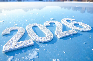 The white numbers 2026 as New Year symbol written with snow on blue lake ice rink. Greeting card with winter winter activities, copy space
