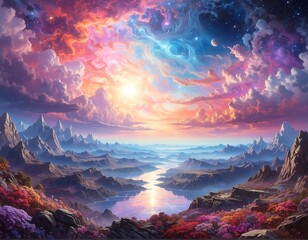 Dreamscape A vivid panorama shows a vast valley surrounded by mountains under a surreal and colorful nebula sky