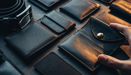 A collection of elegant leather wallets and accessories, meticulously arranged for a sophisticated display