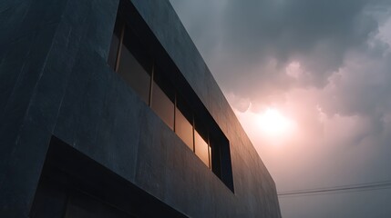 A modern dark building facade with reflecting sunset light against a dramatic cloudy sky