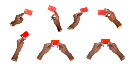 Hand holding bank card. African American male showing red debit or credit card in finance pose,