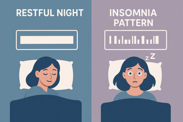 Sleep comparison infographic showing restful night and an insomnia pattern. peaceful woman sleeps soundly while another stressed woman struggles with sleeplessness and anxiety