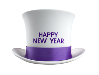  White top hat with purple ribbon and "Happy New Year" text isolated White Background