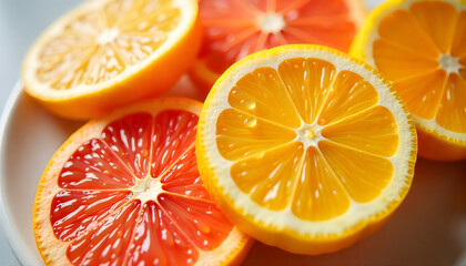 Sliced citrus fruit closeup showing juicy orange and red grapefruit halves on plate