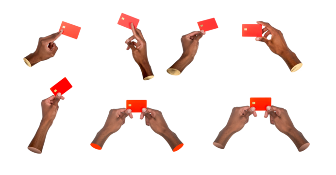 Hand holding bank card. African American male showing red debit or credit card in finance pose, - Powered by Adobe