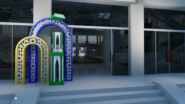 3D animation of gate entrance phasing build-up. Ramadan islam decoration setup visualization showing tunnel and backdrop structure in clean minimal indoor hall environment.