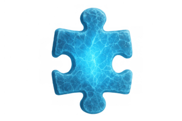Jigsaw puzzle piece made of cracked ice, glowing with a blue light, representing concept of frozen challenge or solution