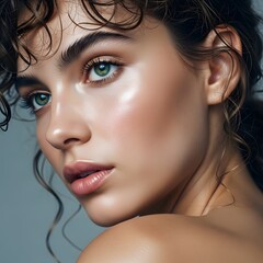 Close up of a beautiful young woman's face with green eyes and glowing skin