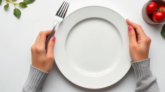 Hands Holding Fork and Plate Ready for Meal with Cherry Tomatoes on Side and Fresh Green Leaves on White Table Surface