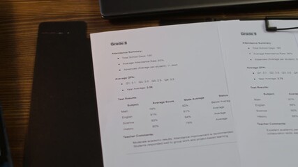 Handheld shot of wooden desk with academic tests, folders with documents and landline phone in principals office at school