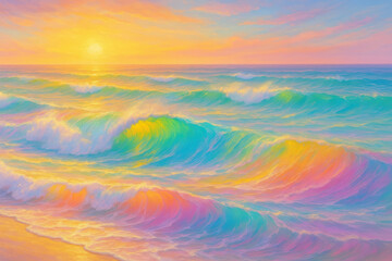Serene vibrant pastel ocean waves at beach during tranquil sunset. Colorful water reflecting golden sky light