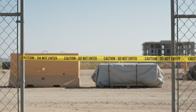 Yellow caution tape stretching across an open chain link fence, displaying caution do not enter in black lettering, restricting access to a site with construction barriers and a distant building