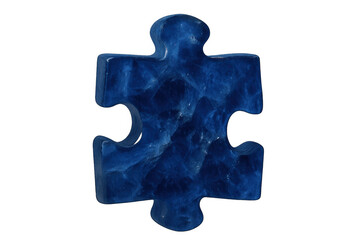 Blue textured puzzle piece representing concepts of solution, connection, autism awareness, and problem solving, isolated on transparent background