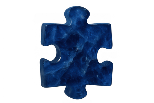 Blue textured puzzle piece representing concepts of solution, connection, autism awareness, and problem solving, isolated on transparent background - Powered by Adobe