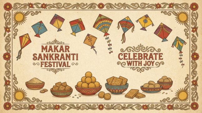 ornamental square poster template for makar sankranti festival illustration template featuring collection of kites 