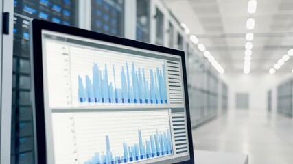 Two monitors displaying data analytics in a modern server room with rows of servers. - Powered by Adobe