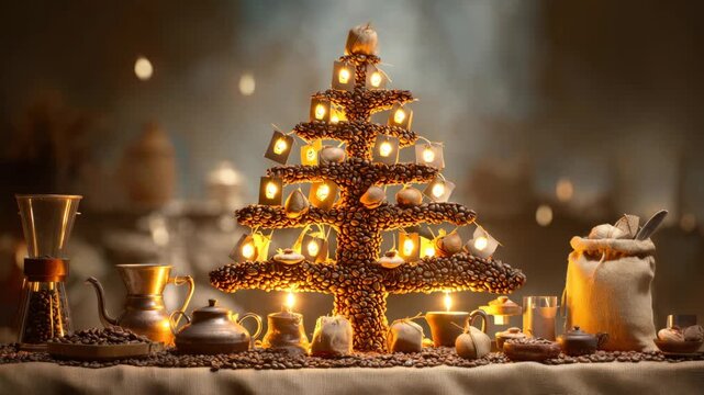 Creative coffee bean tree centerpiece with festive decor and warm lighting