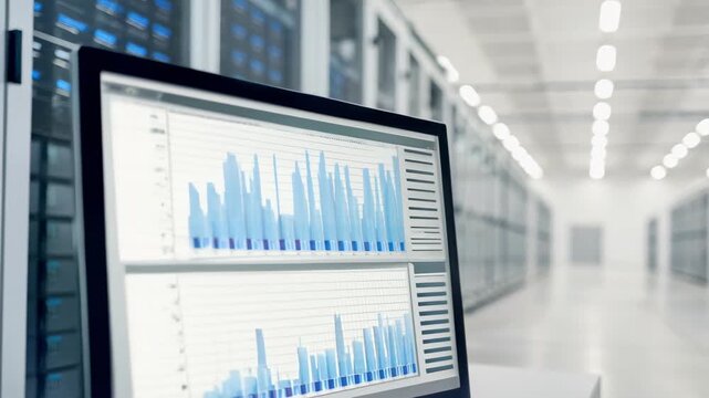 Two monitors displaying data analytics in a modern server room with rows of servers.