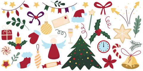 Set of cute atmospheric winter New Year illustrations. Hand drawn holiday and Christmas Eve elements. Vector graphics