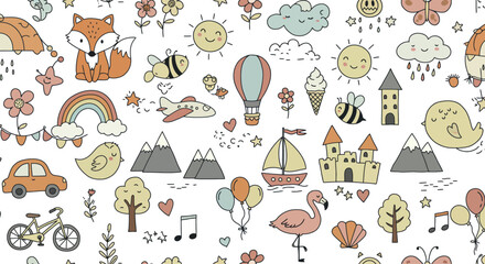 Fototapeta premium Whimsical hand drawn rainbows and clouds illustration for children s designs