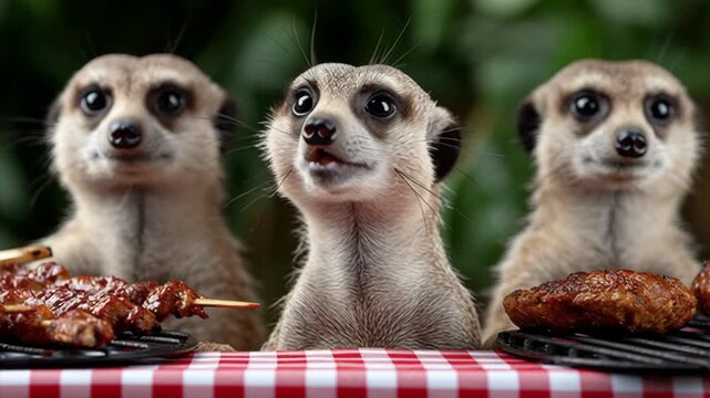 Three curious meerkats seated at a picnic table, observing delicious grilled meats, with a vibrant green background, showcasing their playful expressions, camera zooms in for detail