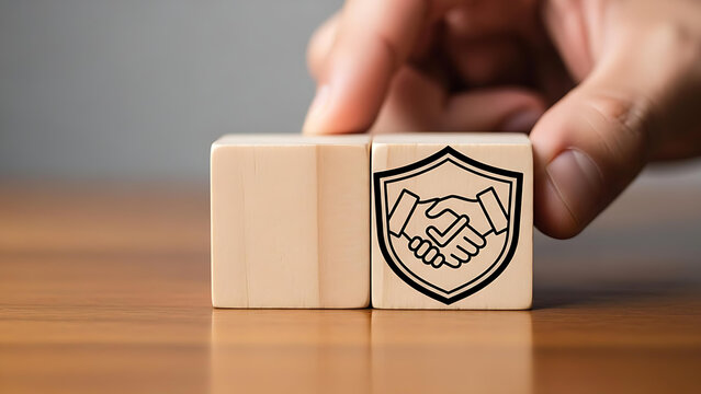 Secure business deals with assurance, building trust, and partnerships represented by handshake icon on wooden blocks for corporate success today!