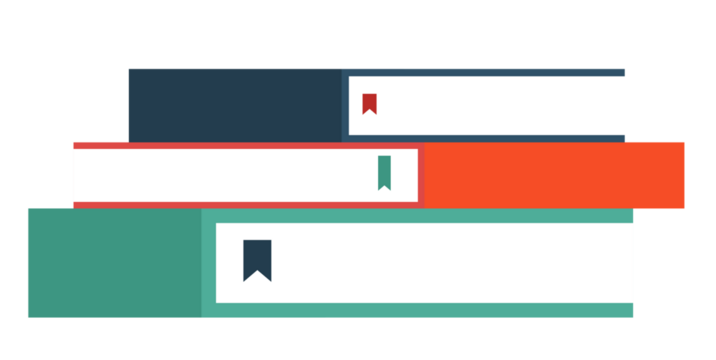 Illustration of three books stacked with different colored covers and bookmarks. PNG