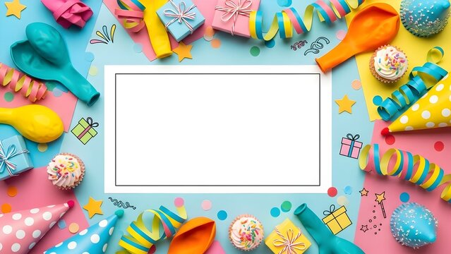 Festive birthday party background with colorful decorations balloons and gifts perfect for invitations and celebrations - Powered by Adobe
