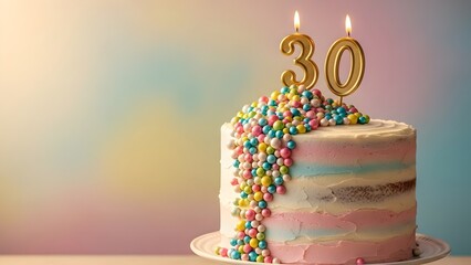 Celebratory 30th birthday cake with lit candles, colourful sprinkles and pastel frosting, a festive milestone celebration.