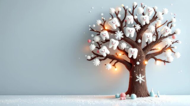 Whimsical tooth fairy tree with smiling teeth ornaments and fairy lights