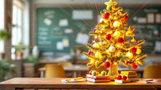 Festive christmas classroom decor with mini tree and books on a school desk