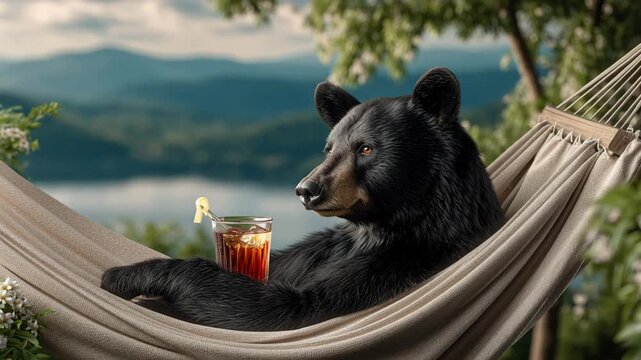 Relaxed black bear enjoying a drink in a hammock, surrounded by lush greenery and scenic mountains, showcasing tranquil outdoor leisure, camera pans gently