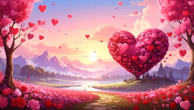 Romantic red heart balloons in a blue sky with clouds for a Valentine's Day card background